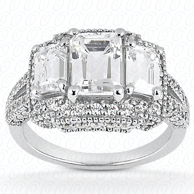 14KP Emerald  Cut Diamond Unique Engagement Ring 0.62 CT. Three Stones Style